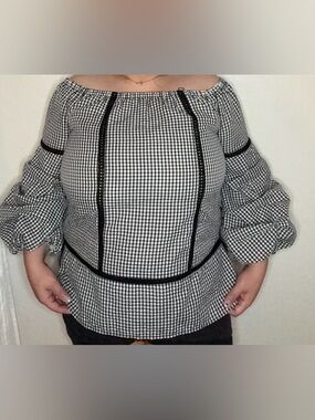 Doe & Rae Black and White Gingham Off-Shoulder Top